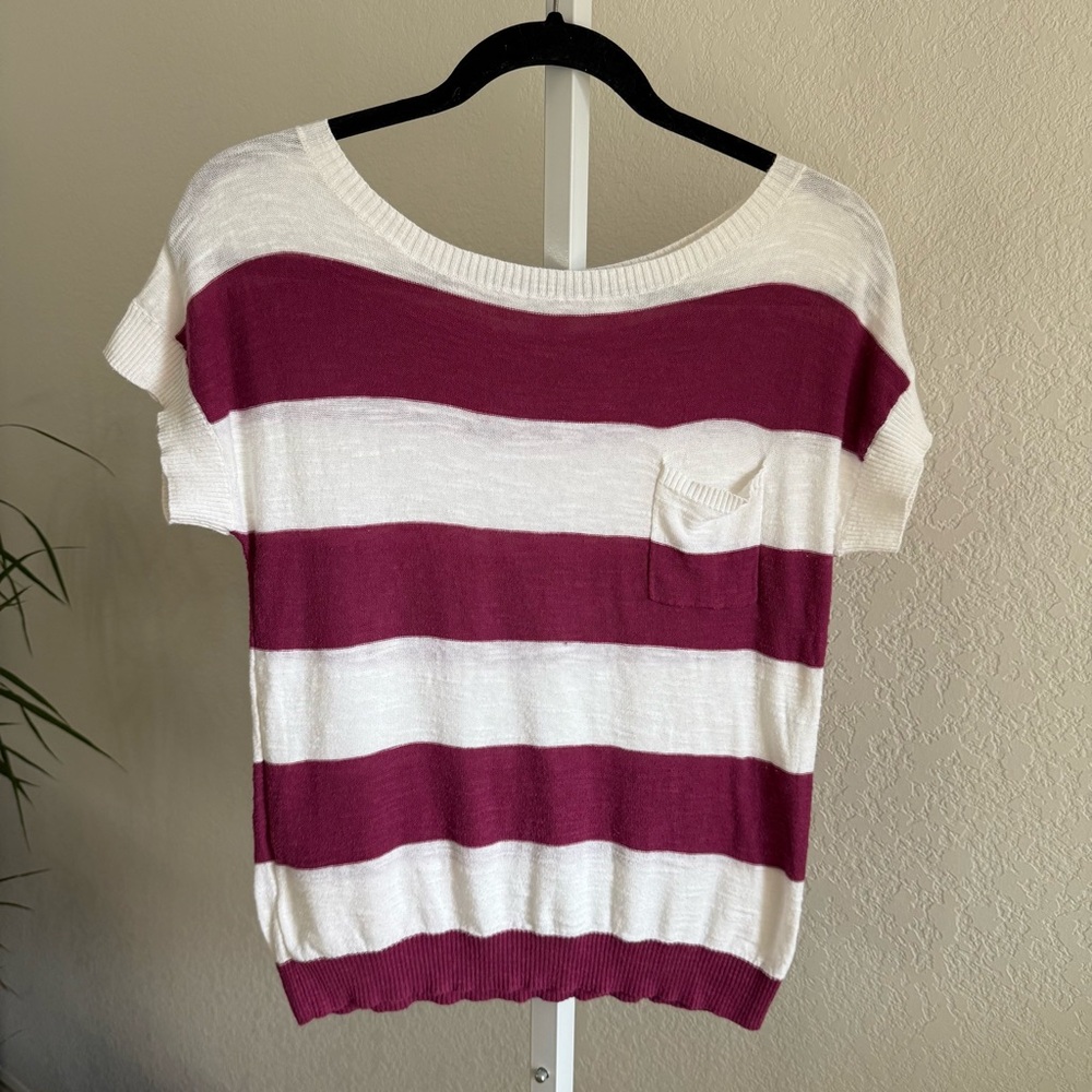 LOFT Petite Short Sleeve Sweater Top SP Small Purple White Striped 100% Cotton